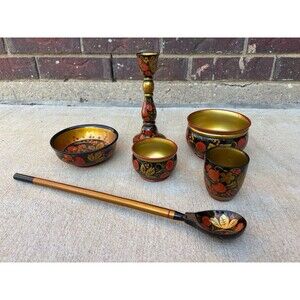 Vintage USSR Russian Khokhloma Folk Art 6 Piece Set Candlestick Bowls Spoon